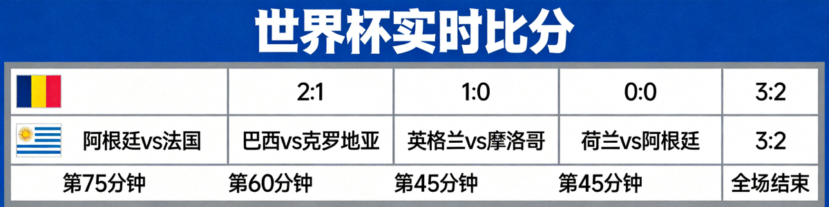 世界杯实时比分板 - 显示多场比赛的即时比分
